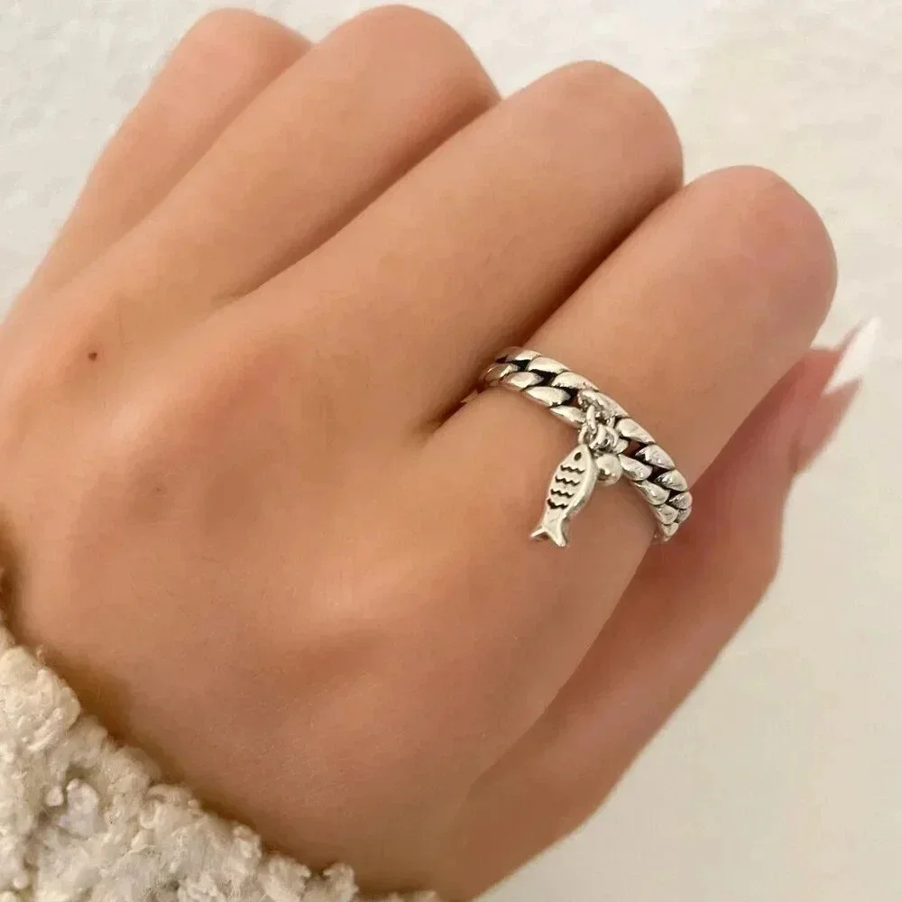 925 Sterling Silver Fish Ring Dangle Fish Ring Dainty Fish Ring Thin Ring Band